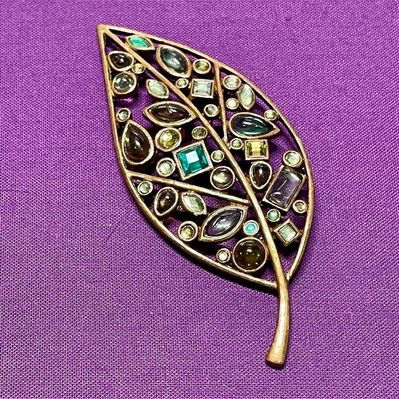 LARGE Multi Color Rhinestone Brass Color Leaf Brooch Pin 3” Fall Jewelry - Picture 1 of 8